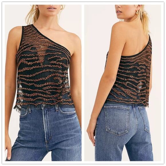 NWT Free People Head Turner Sequined One Shoulder Tank - Picture 4 of 16